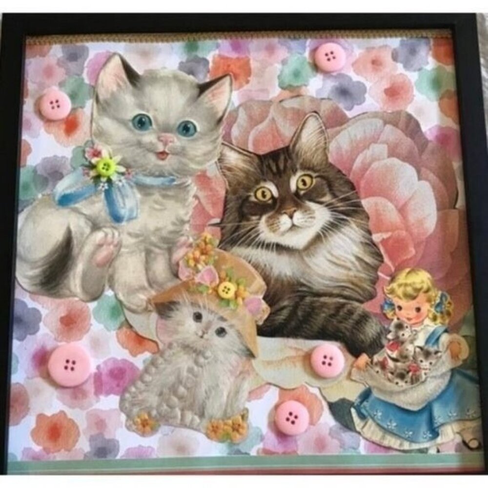 Kitty Cats Pastel Floral Framed Handmade Collage Wall Art Vintage Retro Pets
